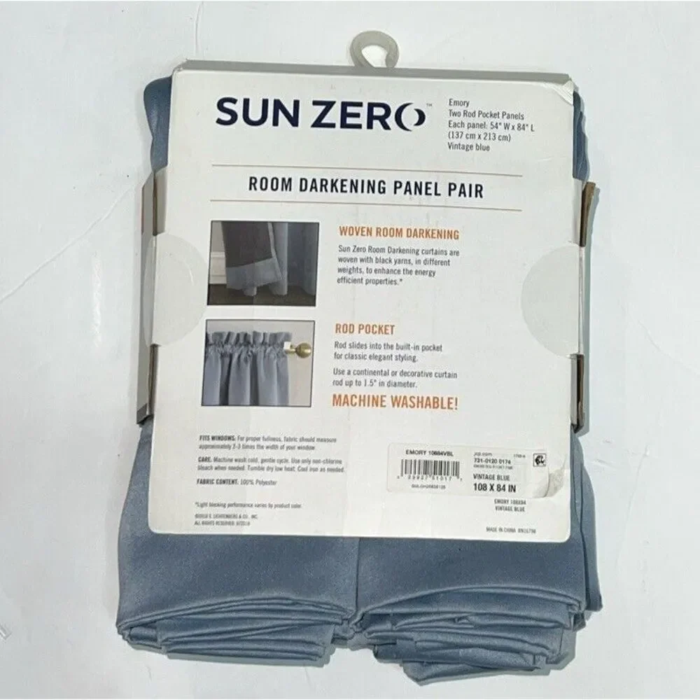 Sun Zero Blue Emory‎ Room-Darkening Rod-Pocket Curtain Panel Pair, 54